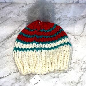 NEW BP striped faux fur knit pom pom beanie
